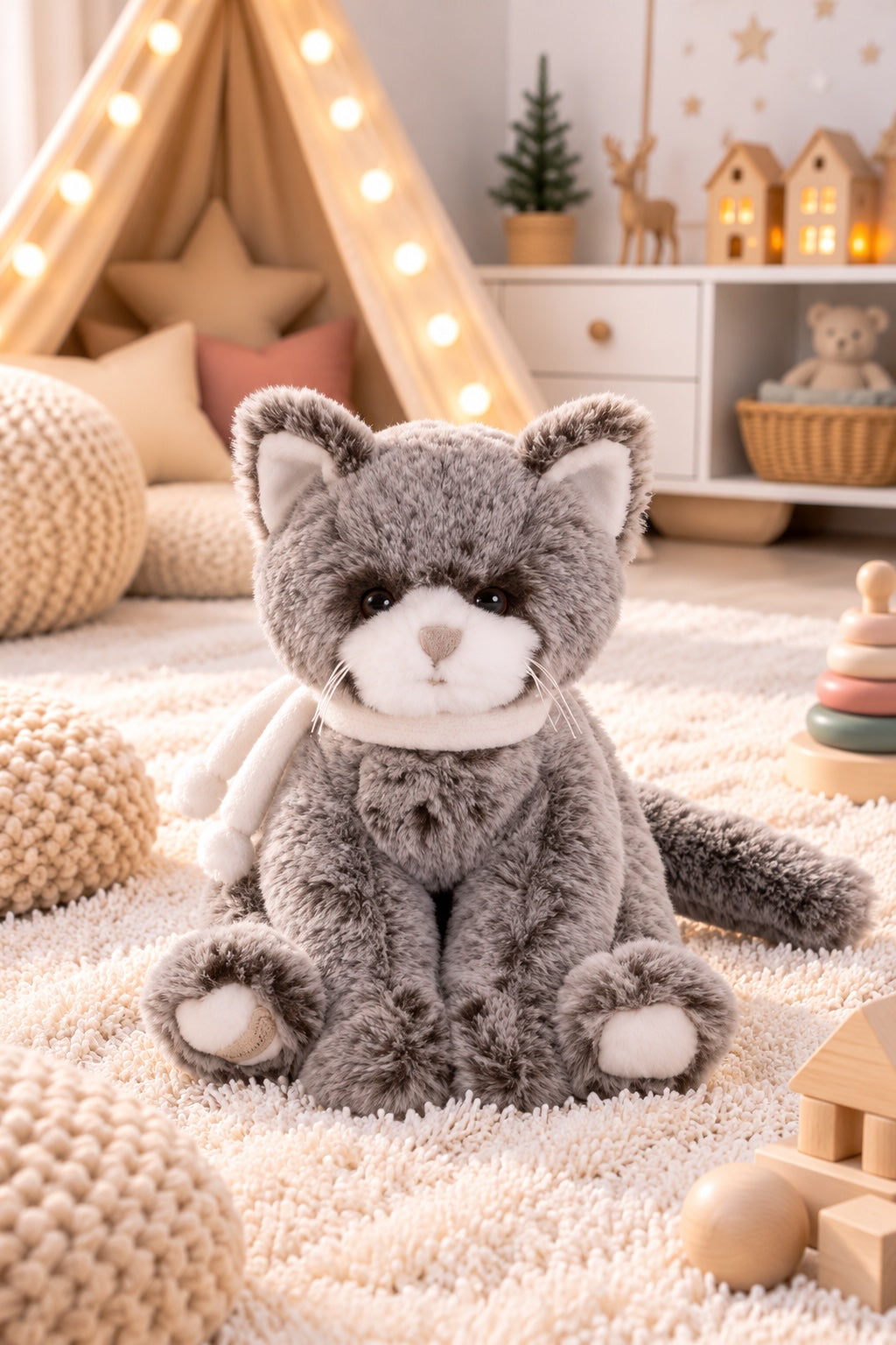 Peluche chat gris Kitty de Bukowski Design assise sur un tapis dans une chambre, avec un museau blanc et une écharpe écrue.