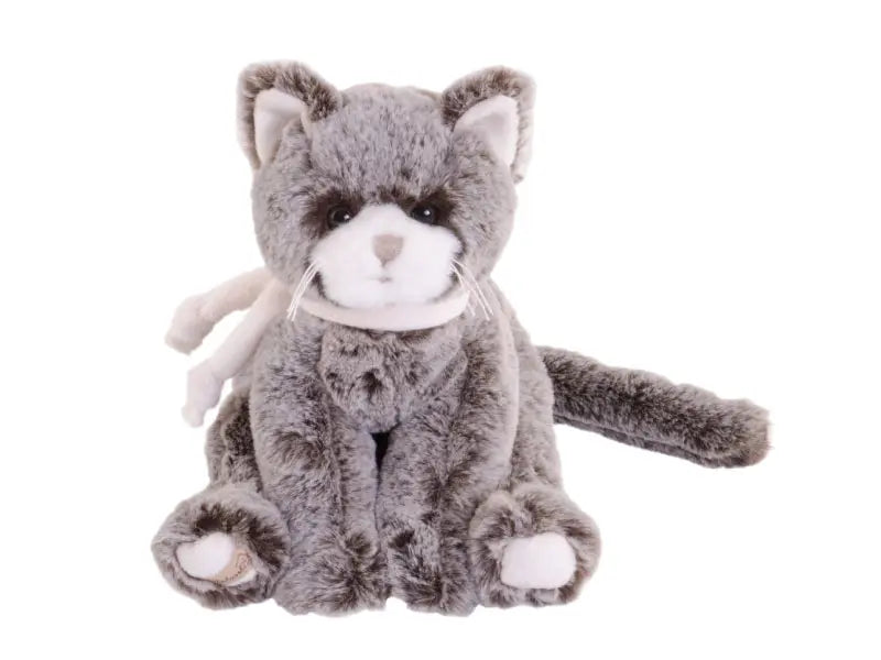 Peluche chat gris Kitty de Bukowski Design vue de face sur fond blanc, avec un museau blanc, de longues moustaches et une écharpe écrue