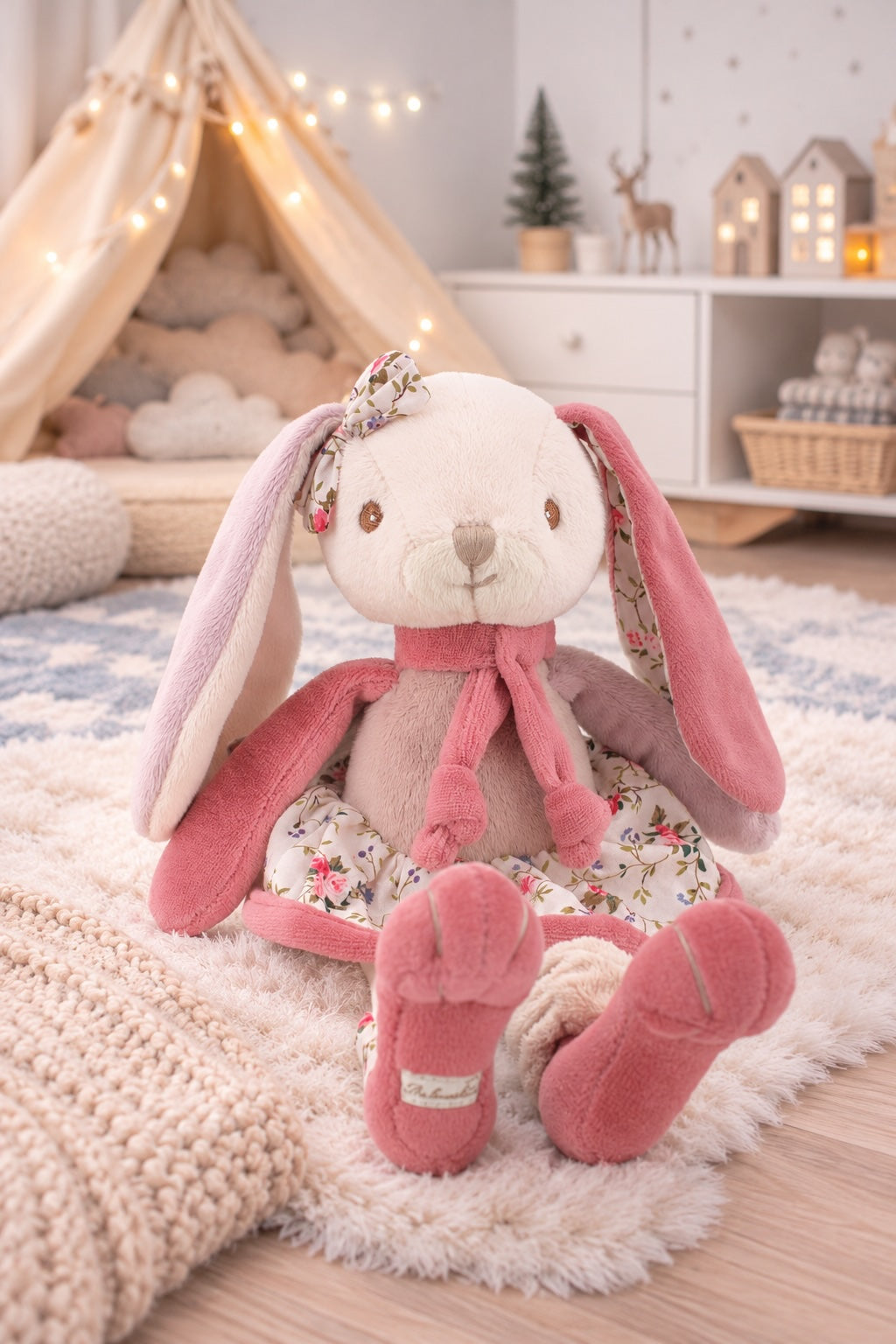 Peluche lapin Bibi de Bukowski Design assise sur un tapis, avec une jupe rose, un nœud fleuri et de longues oreilles.