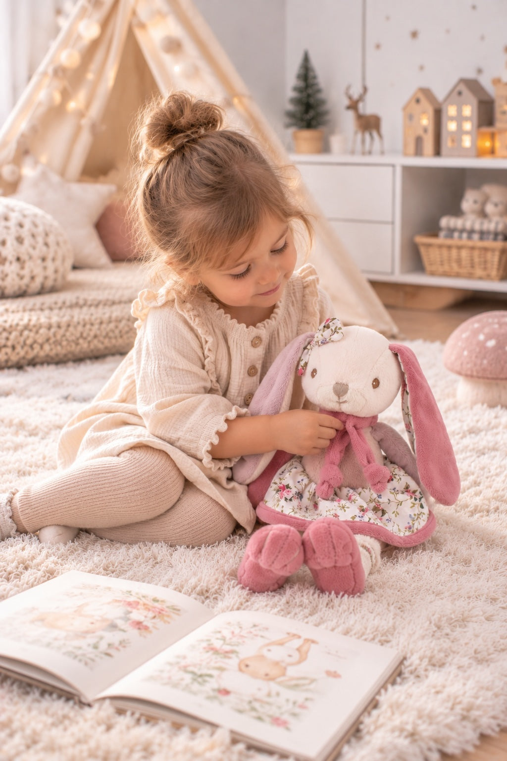 Une enfant assise sur un tapis tient la peluche lapin rose Bibi de Bukowski Design, vêtue d’une robe à fleurs