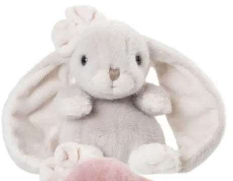  Peluche lapin Cute Kanina gris clair de Bukowski Design, avec de longues oreilles, un nœud blanc et des pattes blanches, sur fond blanc.