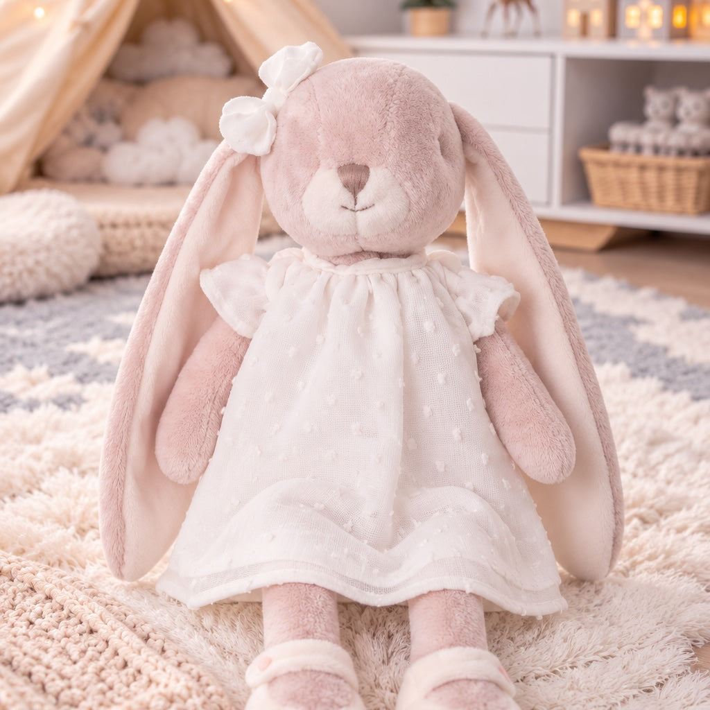 Peluche lapin rose Léna de Bukowski Design en robe blanche, assise sur un tapis dans une chambre d’enfant.