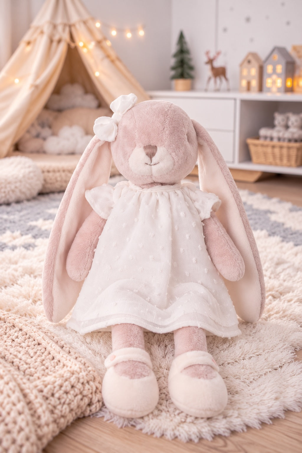 Peluche lapin rose Léna de Bukowski Design en robe blanche, assise sur un tapis dans une chambre d’enfant.