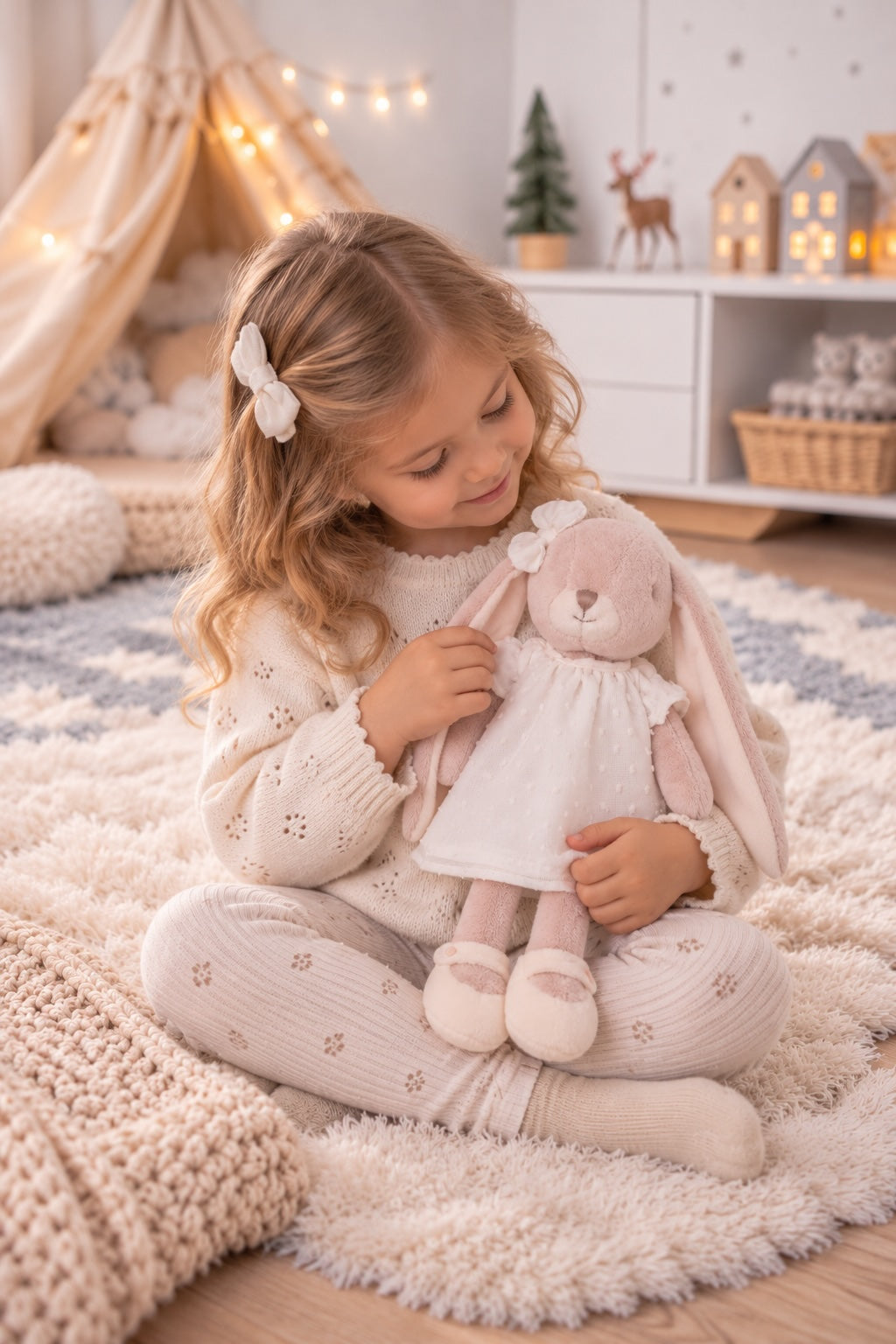 Une enfant assise sur un tapis tient la peluche lapin rose Léna de Bukowski Design, vêtue d’une robe blanche