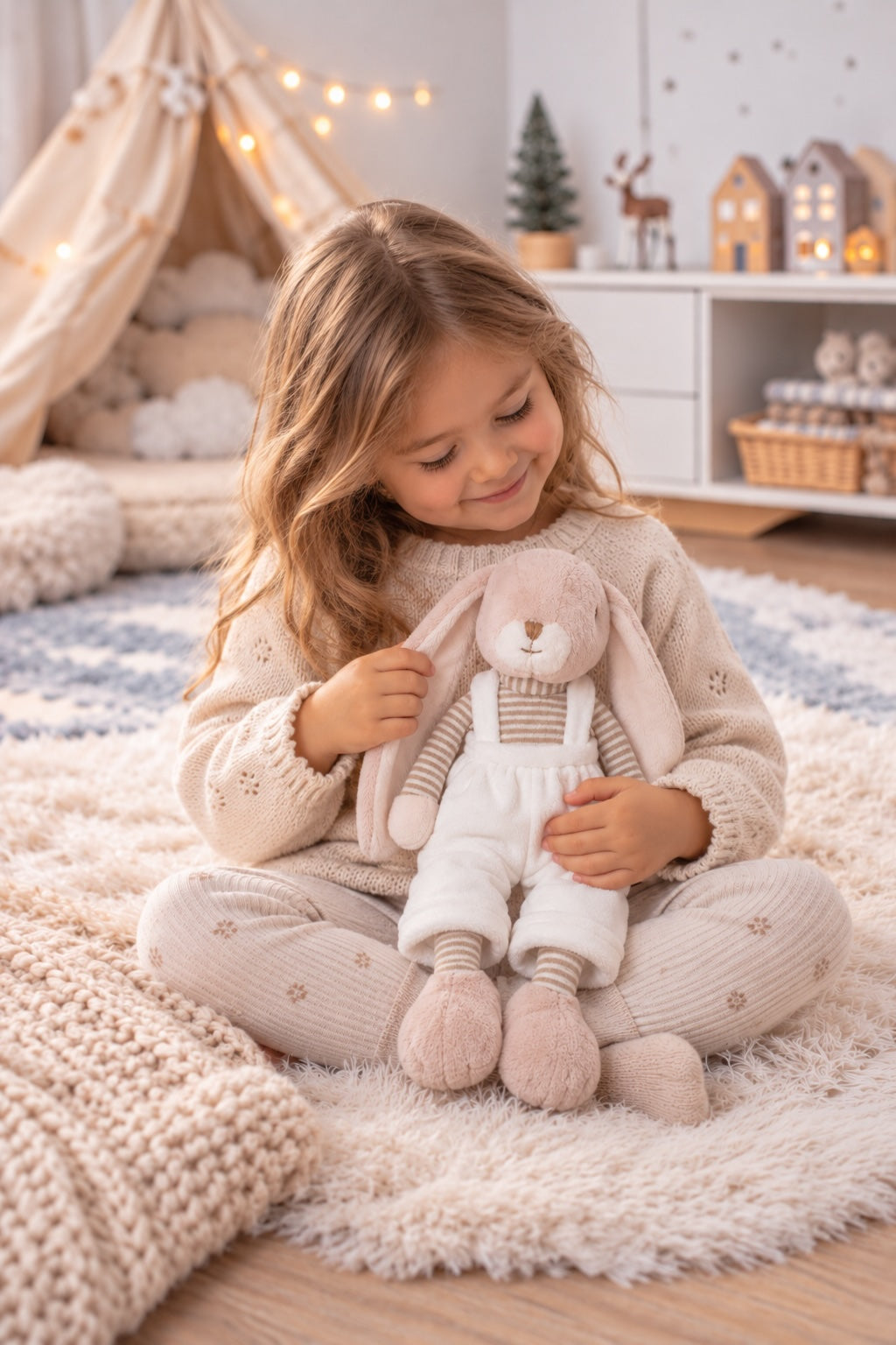 Une enfant assise sur un tapis tient la peluche lapin Lucian de Bukowski Design, vêtue d’une salopette blanche.