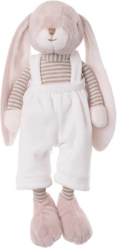 Peluche lapin Lucian de Bukowski Design vue de face, avec de longues oreilles, une salopette blanche et un haut rayé