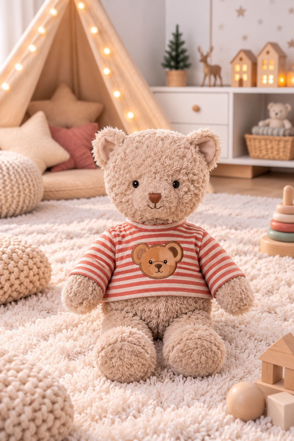 Peluche ours beige Colin de Bukowski Design assise sur un tapis, avec un haut rayé rouge et blanc orné d’une tête d’ours.