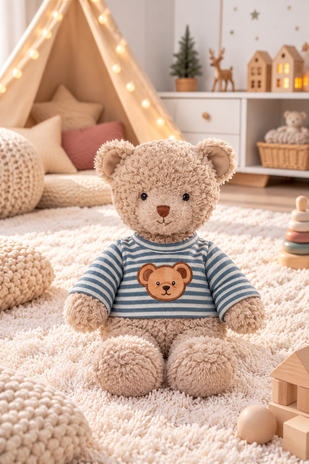  Peluche ours beige Colin de Bukowski Design assise sur un tapis, avec un haut rayé bleu-vert et blanc orné d’une tête d’ours.