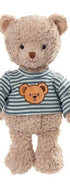  Peluche ours Colin de Bukowski Design vue de face sur fond blanc, avec un pelage beige bouclé et un haut rayé bleu-vert et blanc.