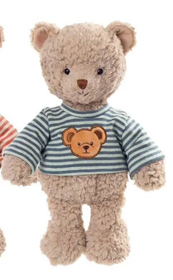  Peluche ours Colin de Bukowski Design vue de face sur fond blanc, avec un pelage beige bouclé et un haut rayé bleu-vert et blanc.