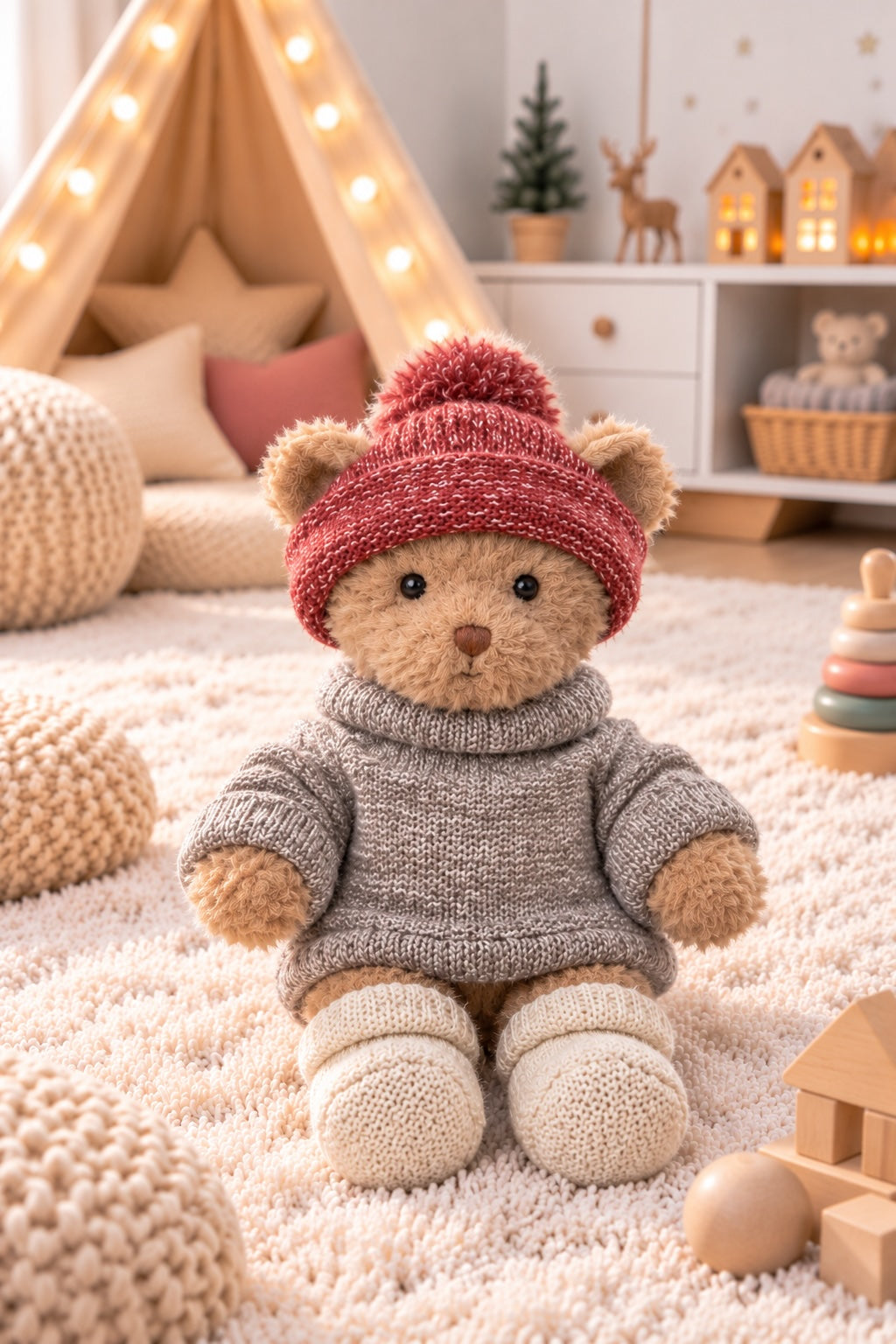 Peluche ours Matt de Bukowski Design assise sur un tapis, avec un pull gris, un bonnet rouge à pompon et des chaussons écrus.
