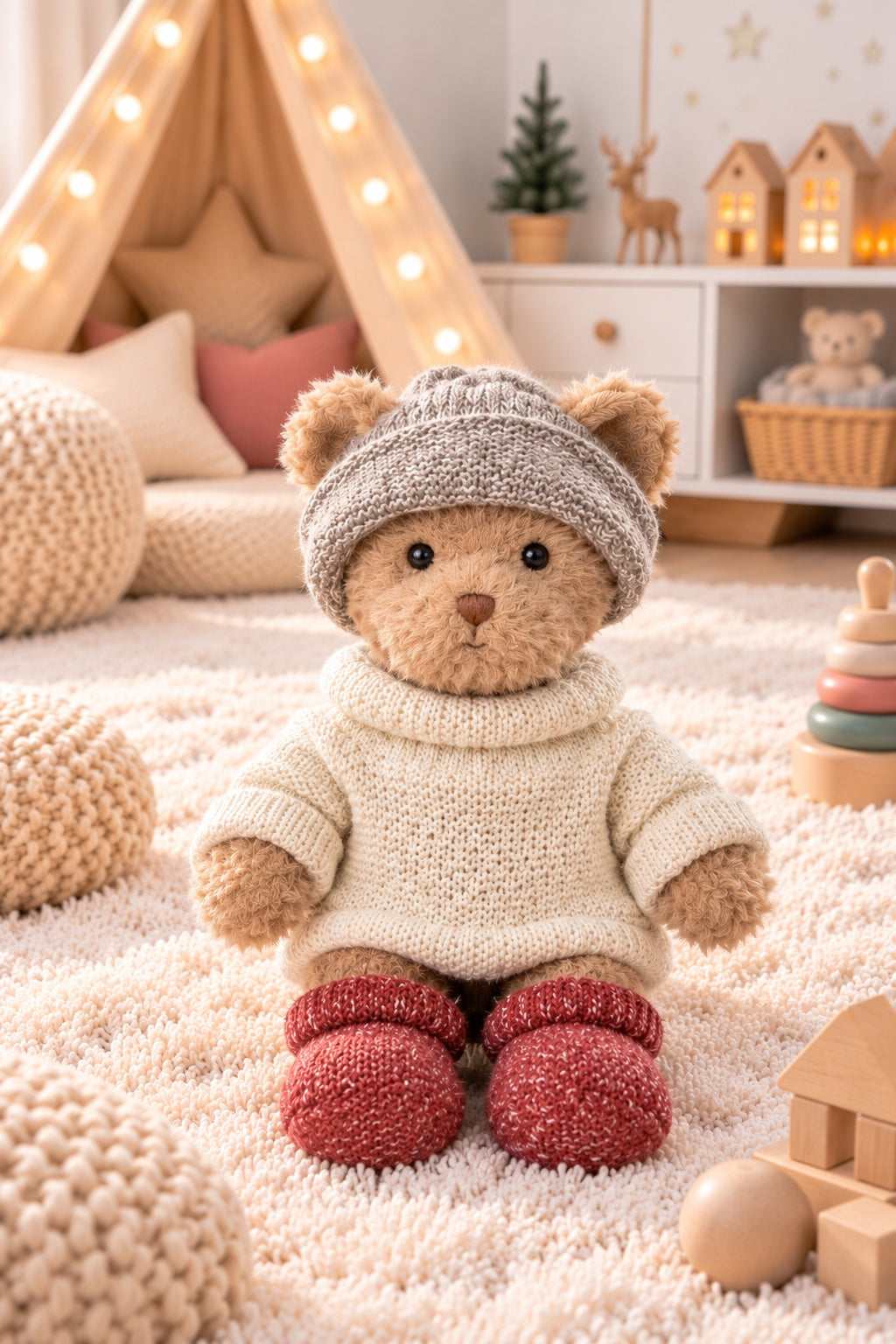  Peluche ours Robby de Bukowski Design assise sur un tapis, avec un pull écru, un bonnet gris et des chaussons rouges.
