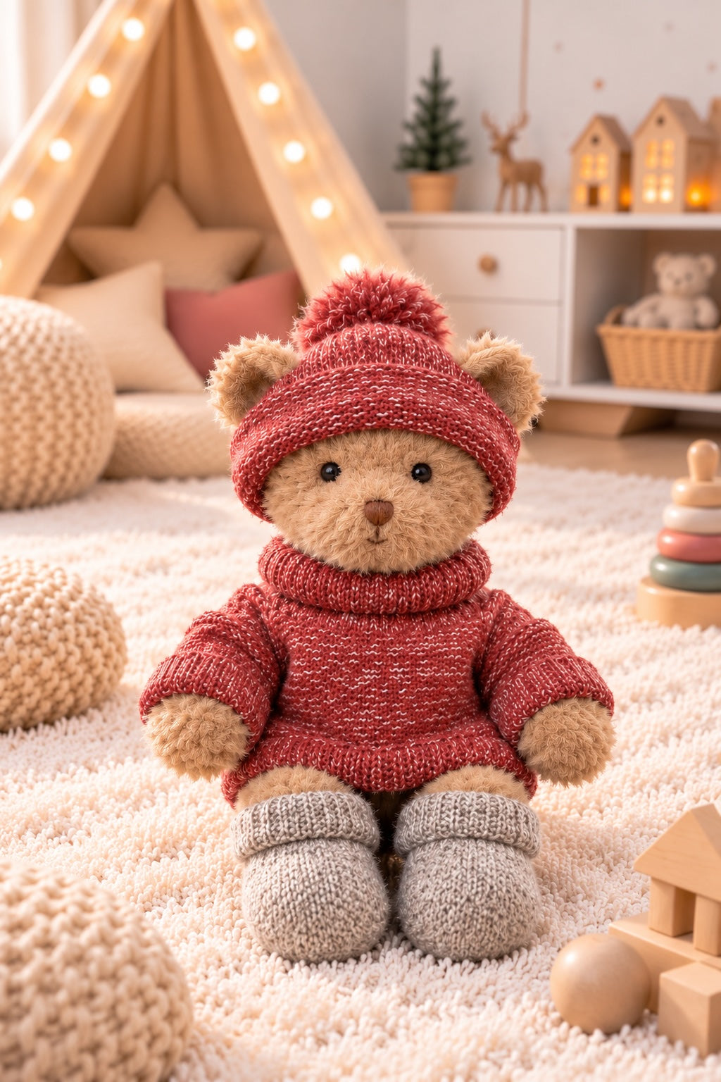  Peluche ours Steve de Bukowski Design assise sur un tapis, avec un pull rouge, un bonnet rouge à pompon et des chaussons gris