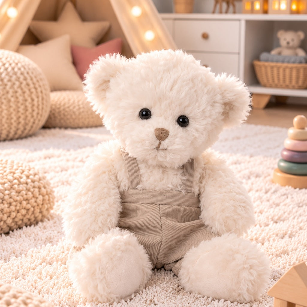 Peluche ours écru Wyatt de Bukowski Design assise sur un tapis dans une chambre, avec une salopette beige à bretelles