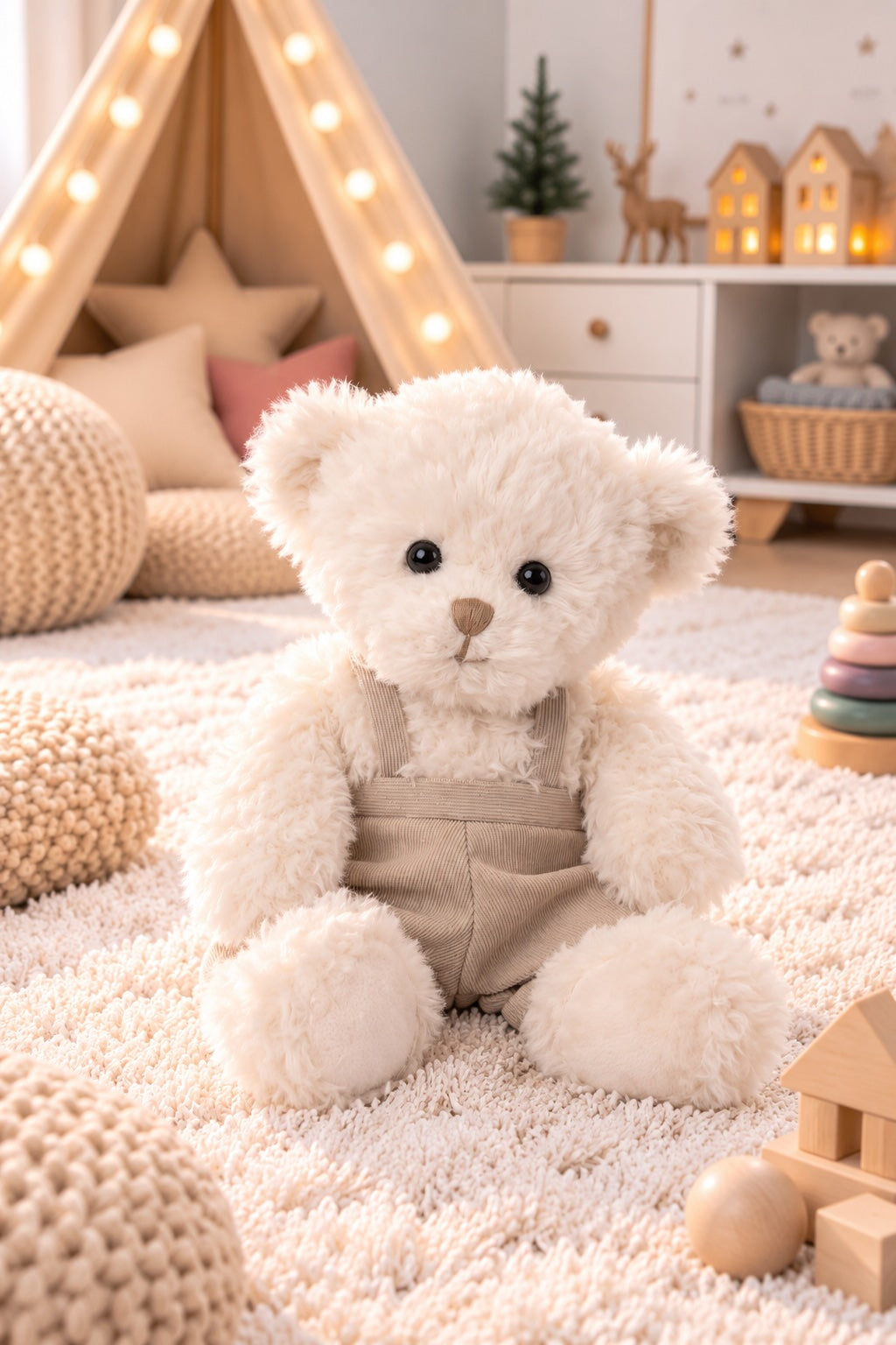 Peluche ours écru Wyatt de Bukowski Design assise sur un tapis dans une chambre, avec une salopette beige à bretelles