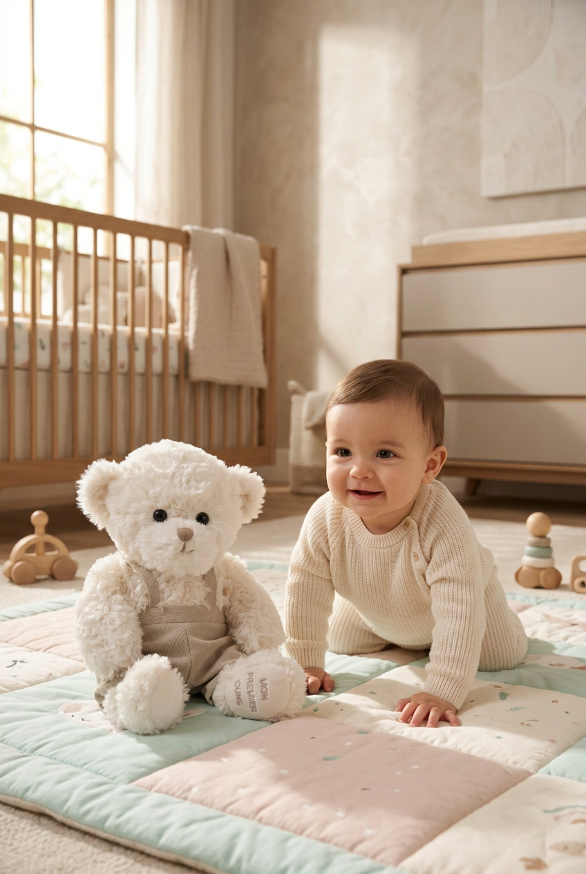 Un bébé à quatre pattes sur un tapis d’éveil à côté de la peluche ours écru Wyatt de Bukowski Design, en salopette beige.