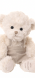 Peluche ours écru Wyatt de Bukowski Design sur fond blanc, en salopette beige, avec l’inscription Mon premier ours brodée sous une patte