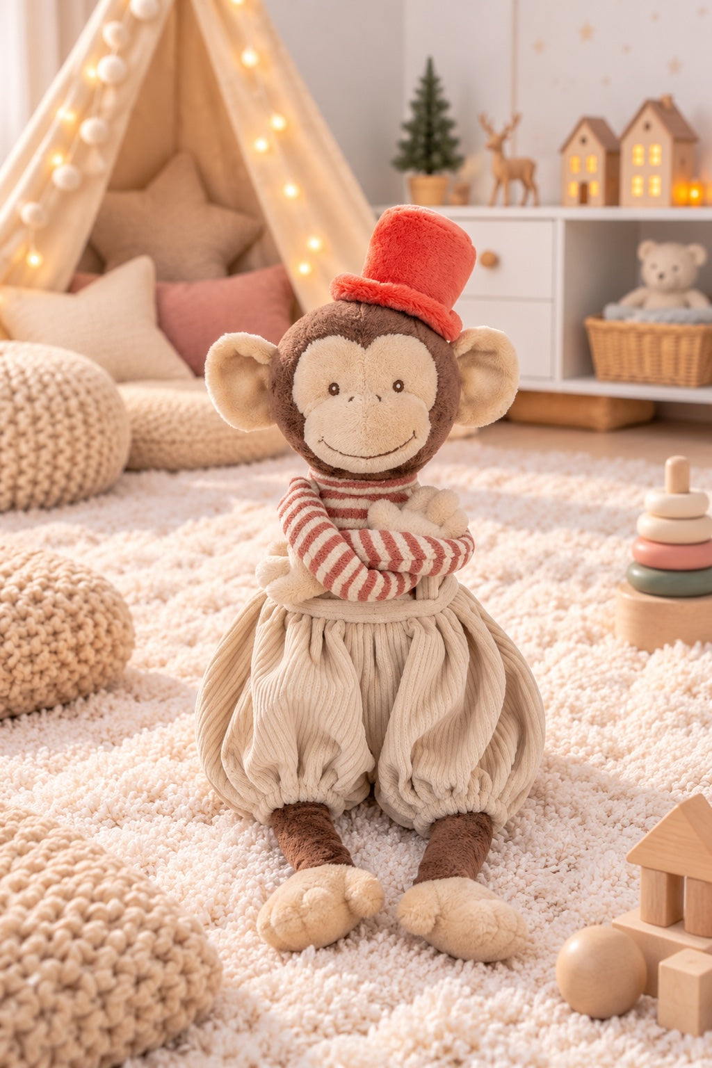 Peluche singe Winston de Bukowski Design assise sur un tapis, les bras croisés, avec un pantalon beige et un chapeau rouge.