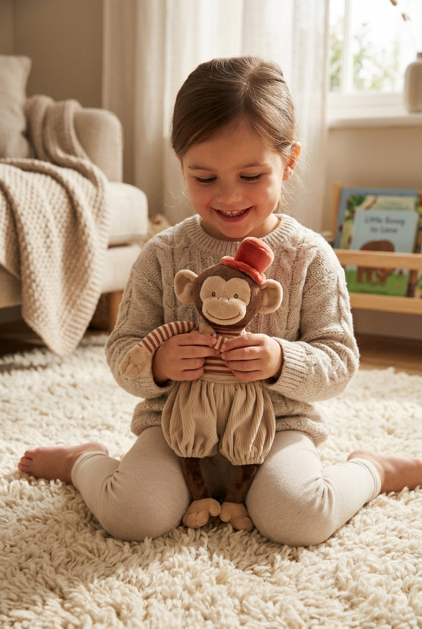 Une enfant assise sur un tapis tient la peluche singe Winston de Bukowski Design, avec un pantalon beige et un chapeau rouge.