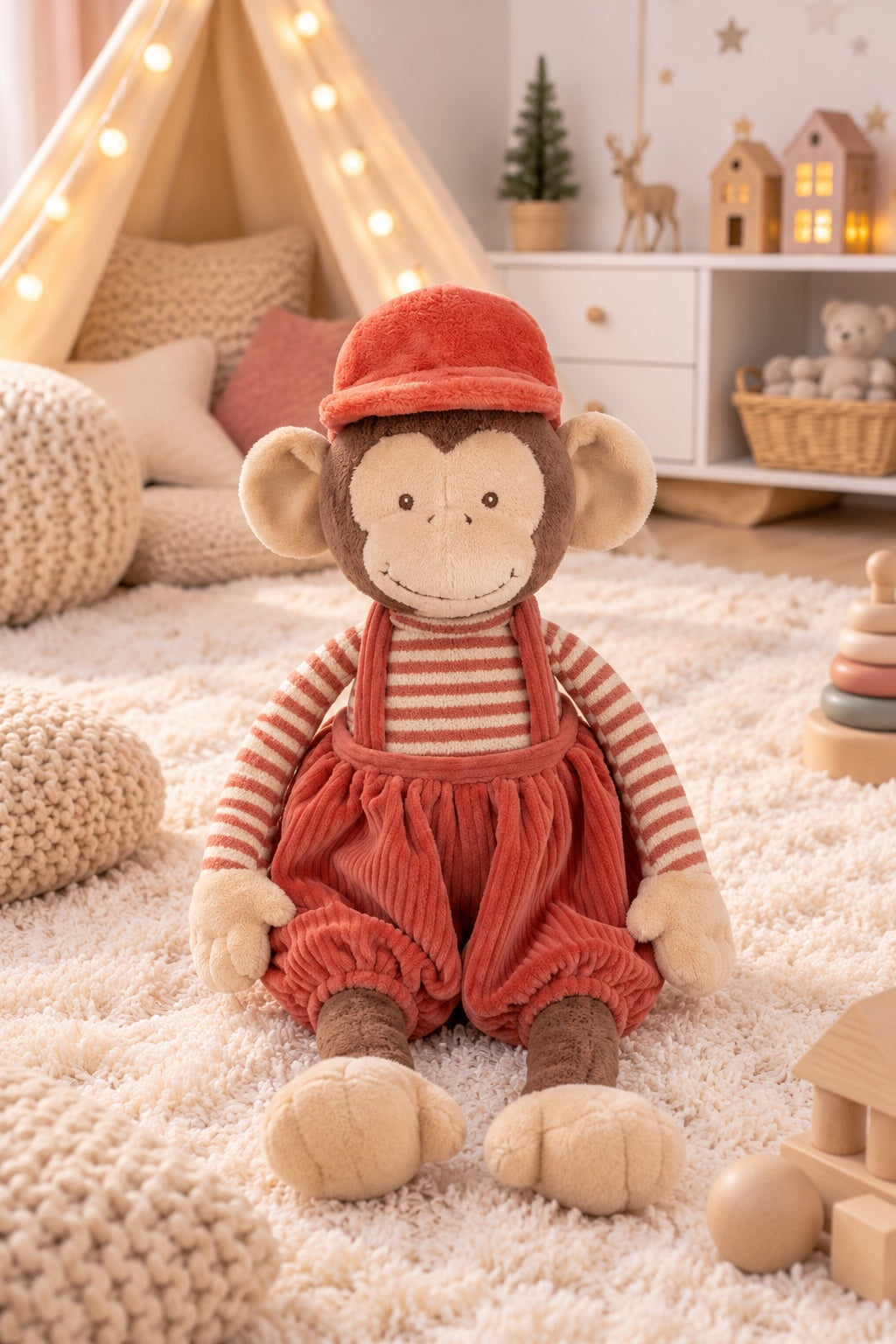 Peluche singe Winston de Bukowski Design assise sur un tapis, en salopette rouge, haut rayé et chapeau rouge