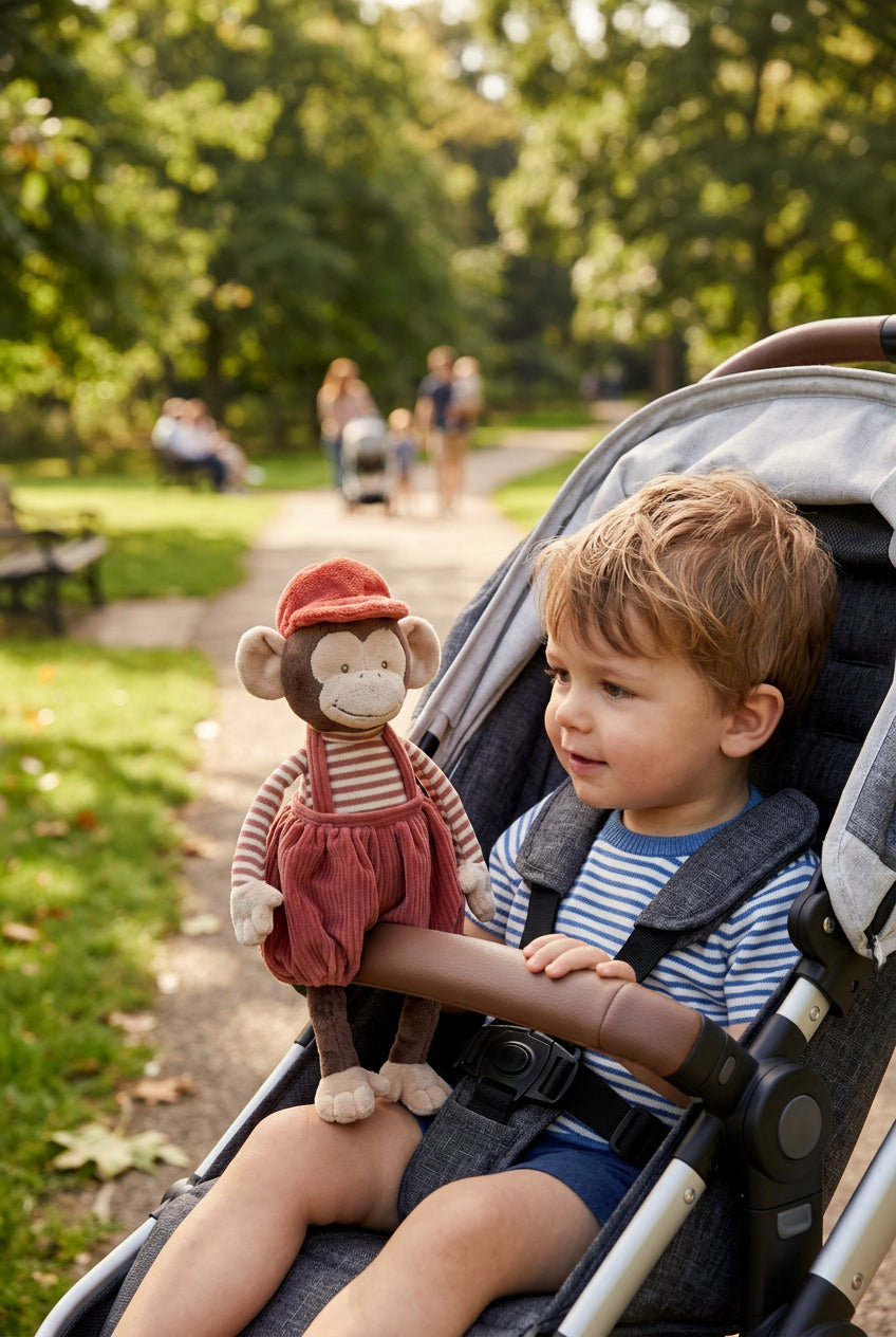 Un enfant en poussette tient la peluche singe Winston de Bukowski Design, en salopette rouge et chapeau assorti, dans un parc.