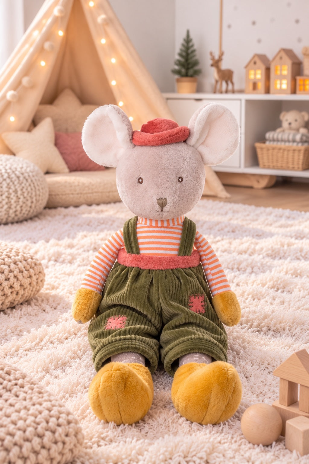 Peluche souris Henry de Bukowski Design assise sur un tapis dans une chambre d’enfant, en salopette verte et chapeau corail.