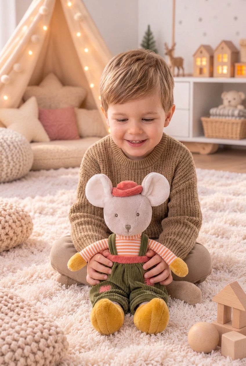 Un enfant assis sur un tapis tient la peluche souris Henry de Bukowski Design, vêtue d’une salopette verte et d’un haut rayé orange.