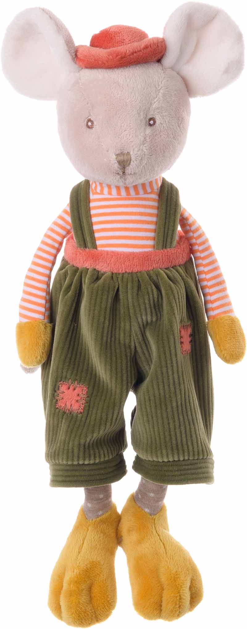  Peluche souris Henry de Bukowski Design, avec une salopette verte, un haut rayé orange, un chapeau corail et des pieds jaunes. 