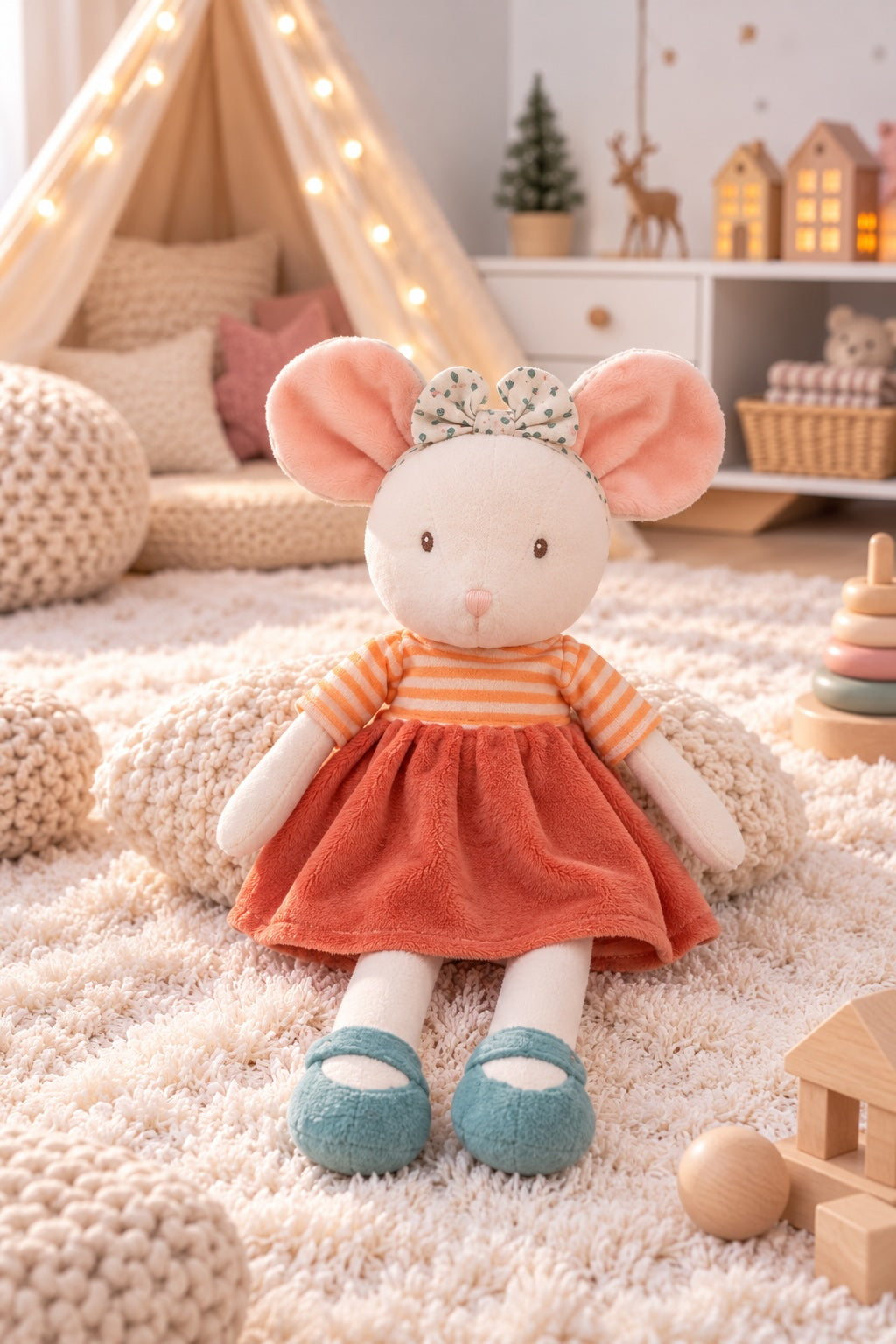 Peluche souris Ingefrid de Bukowski Design assise sur un tapis, avec une jupe corail, un nœud fleuri et des chaussures bleues