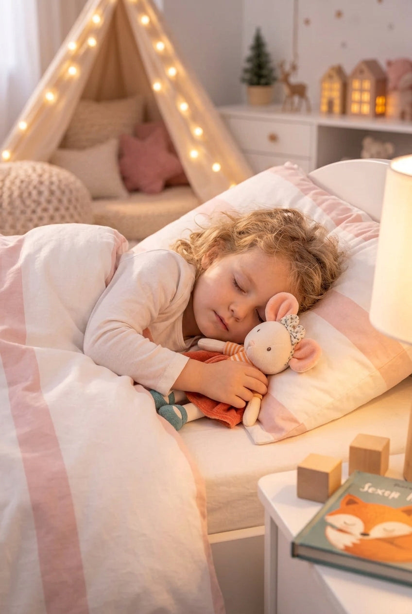 Une enfant endormie dans son lit serre contre elle la peluche souris Ingefrid de Bukowski Design, en jupe corail et nœud fleuri.