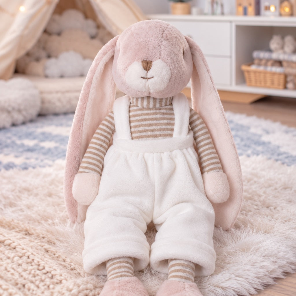 Peluche lapin Lucian de Bukowski Design, en salopette blanche et haut rayé, assise sur un tapis dans une chambre d’enfant.