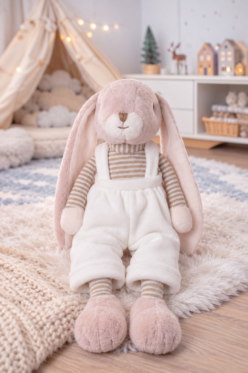 Peluche lapin Lucian de Bukowski Design, en salopette blanche et haut rayé, assise sur un tapis dans une chambre d’enfant.