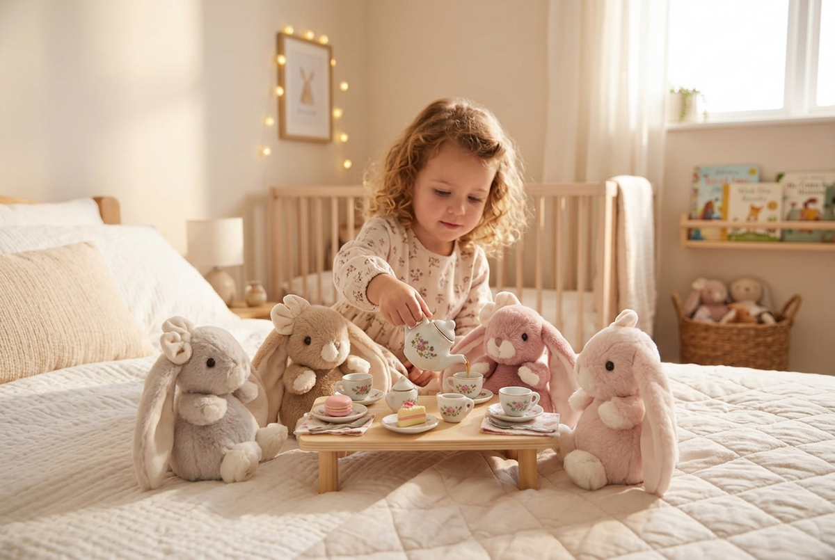 Une enfant joue à la dînette sur un lit avec quatre peluches lapin Cute Kanina de Bukowski Design aux longues oreilles.