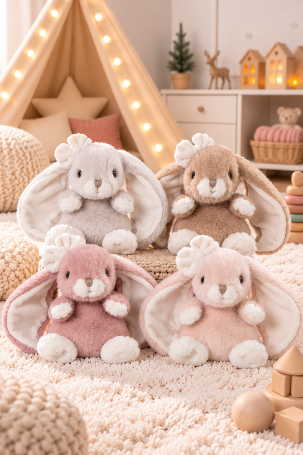  Quatre peluches lapin Cute Kanina de Bukowski Design, en gris clair, taupe, rose et vieux rose, réunies sur un tapis dans une chambre