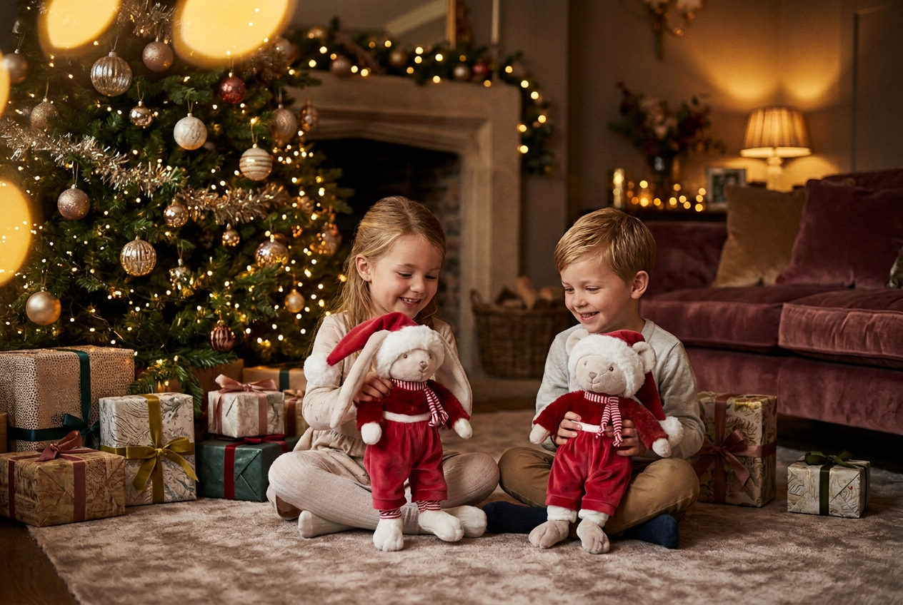 Deux enfants tiennent les peluches de Noël Sammy le lapin et Henry la souris de Bukowski Design, près d’un sapin décoré