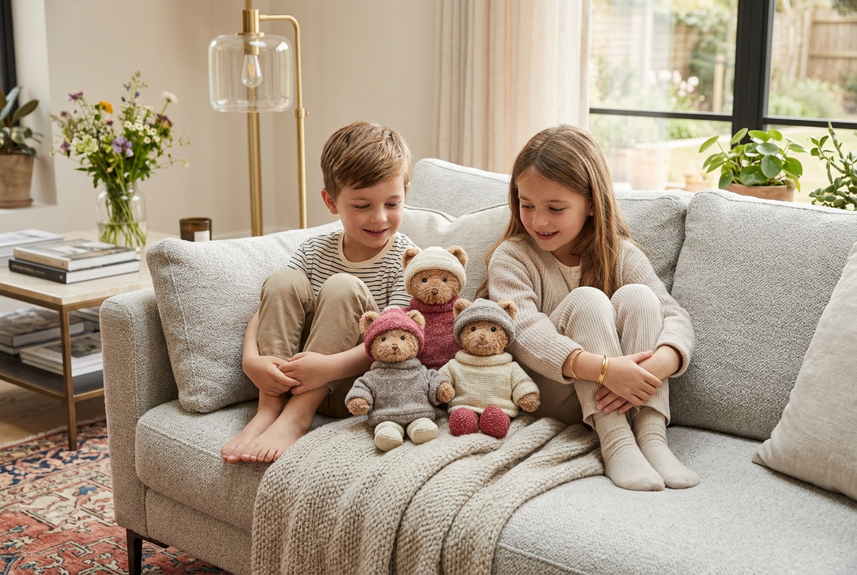  Deux enfants assis sur un canapé avec les trois peluches ours Matt, Steve et Robby de Bukowski Design entre eux.