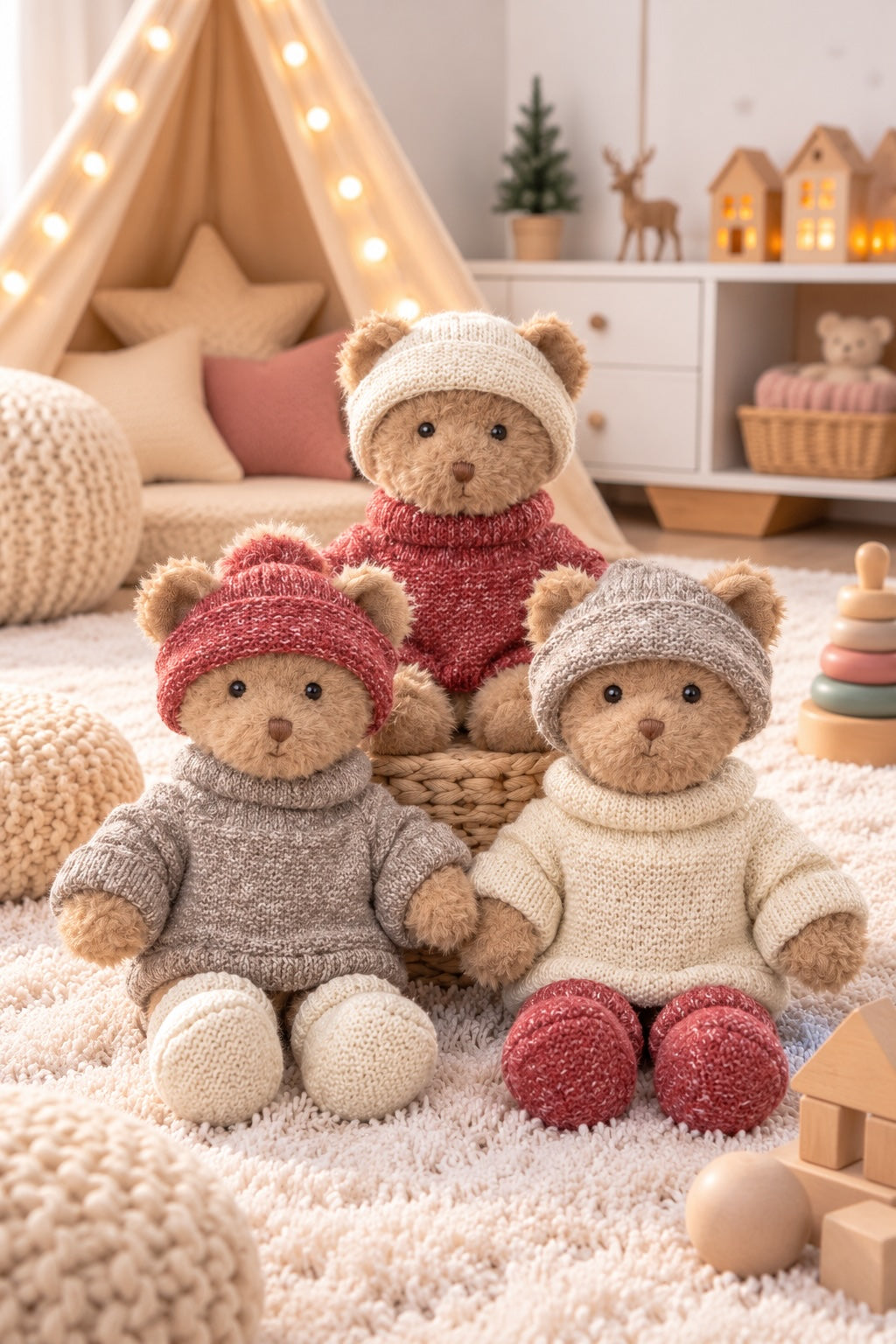 Trois peluches ours Brothers Matt, Steve et Robby de Bukowski Design réunies dans une chambre, en pulls et bonnets tricotés.